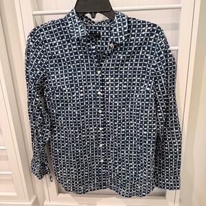 Batik Navy Blue & Whit Checkered Long Sleeve Blouse Sz M Petite